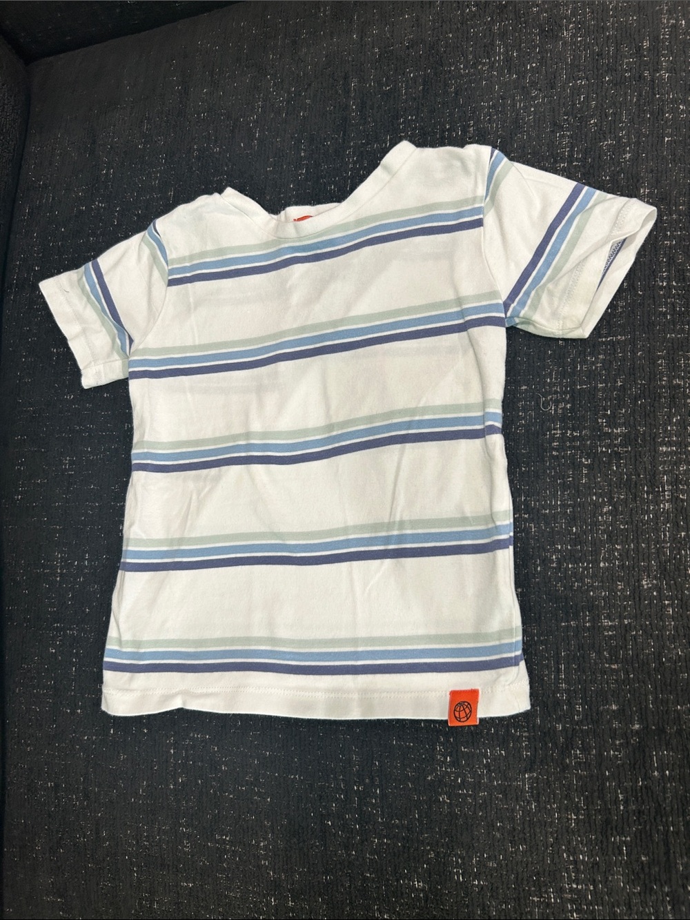 Striped White Short Sleeve Tee with Blue & Light Green Accents
